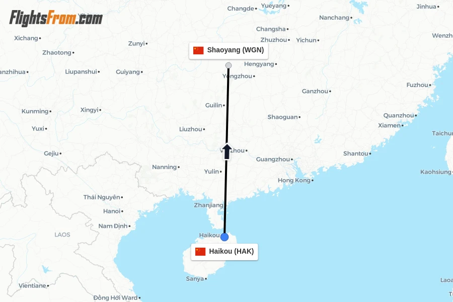 Flights from Haikou to Shaoyang route map