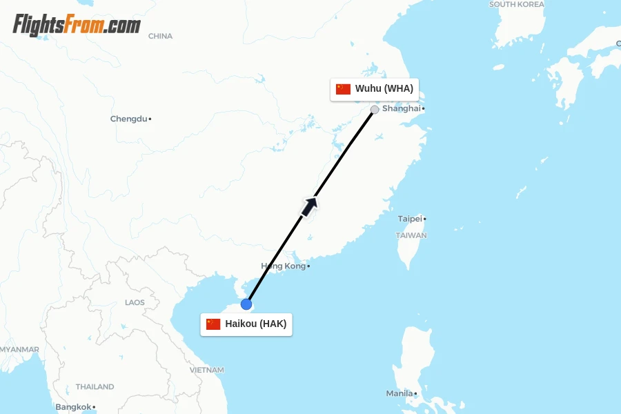 Flights from Haikou to Wuhu route map