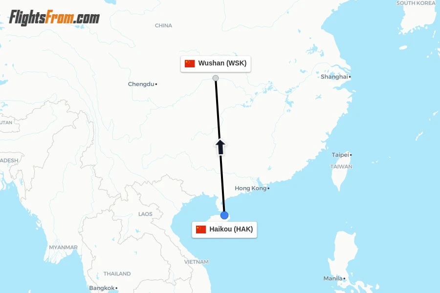 Flights from Haikou to Wushan route map
