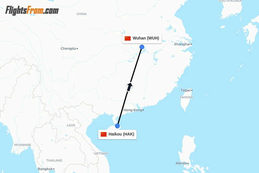 Flights from Haikou to Wuhan route map
