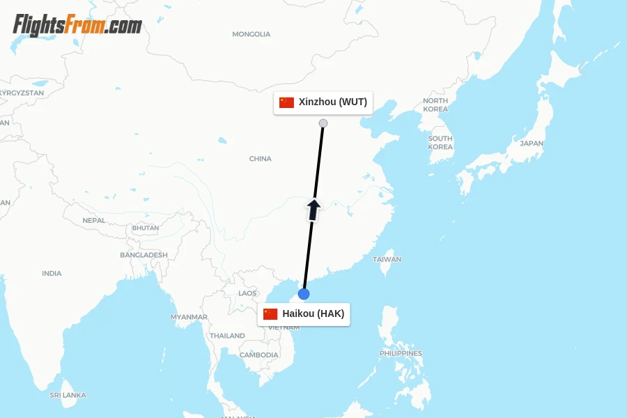 Flights from Haikou to Xinzhou route map