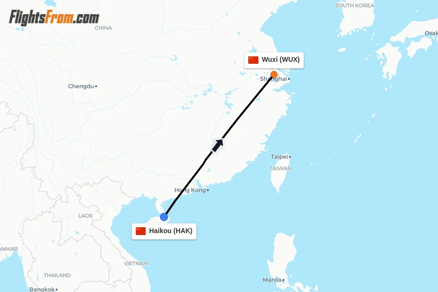 Flights from Haikou to Wuxi route map