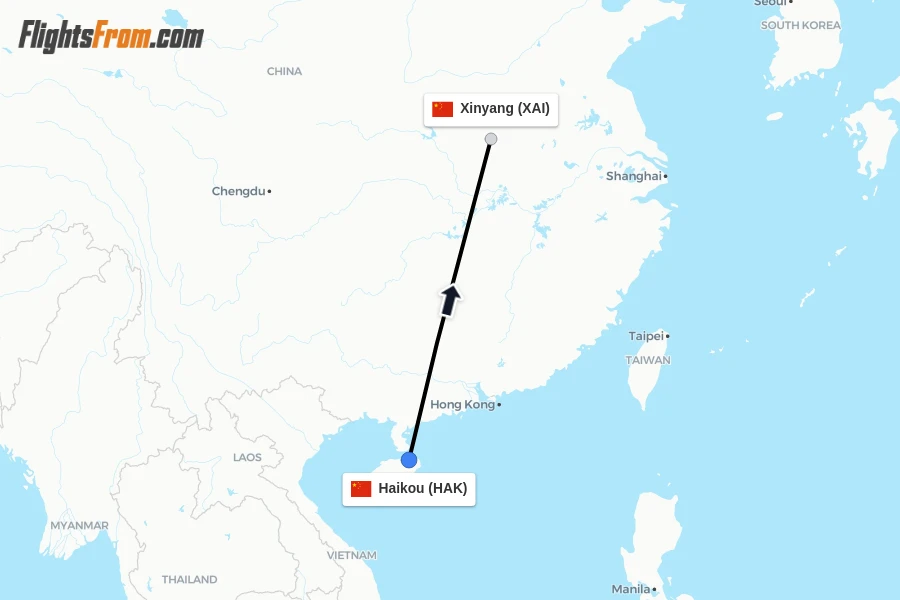 Flights from Haikou to Xinyang route map