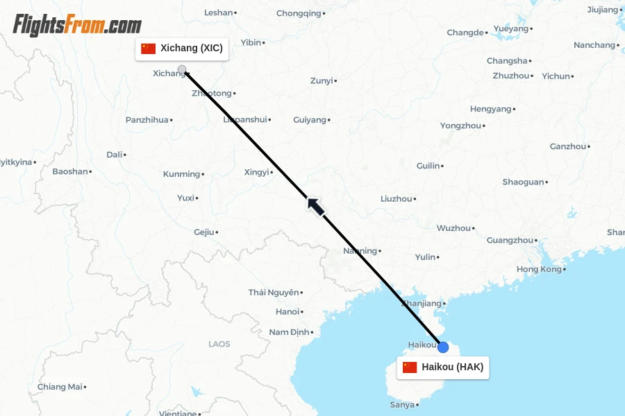 Flights from Haikou to Xichang route map