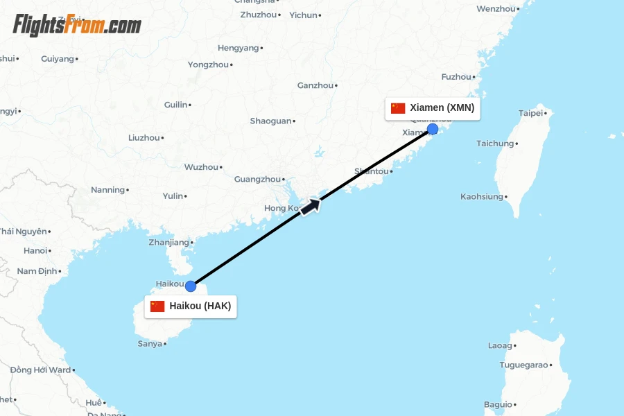 Flights from Haikou to Xiamen route map