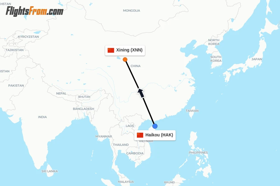 Flights from Haikou to Xining route map