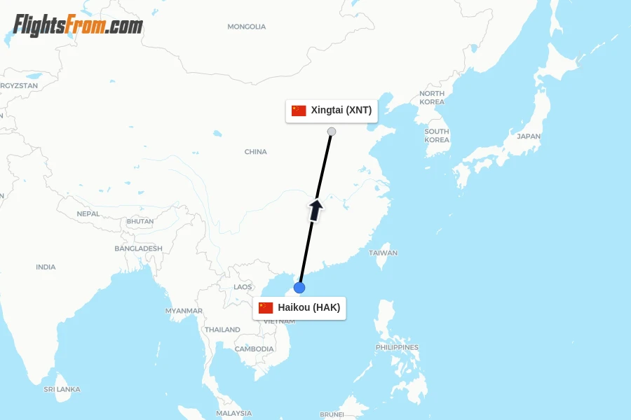 Flights from Haikou to Xingtai route map