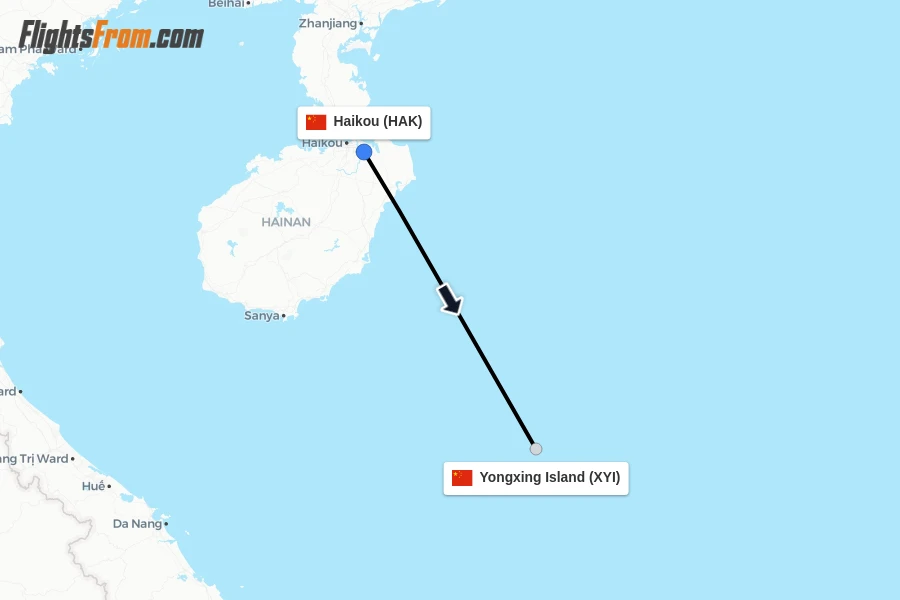 Flights from Haikou to Yongxing Island route map