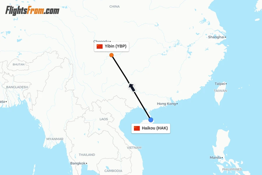 Flights from Haikou to Yibin route map
