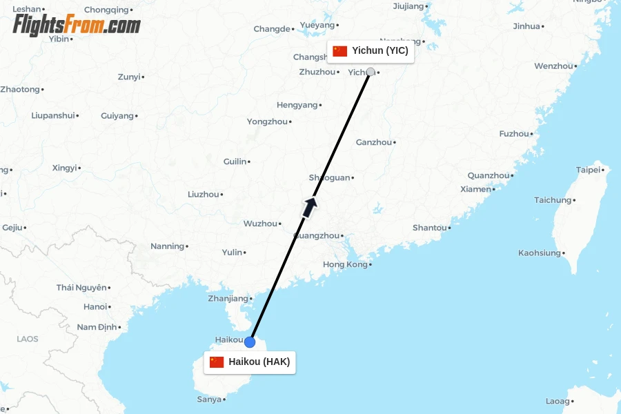 Flights from Haikou to Yichun route map