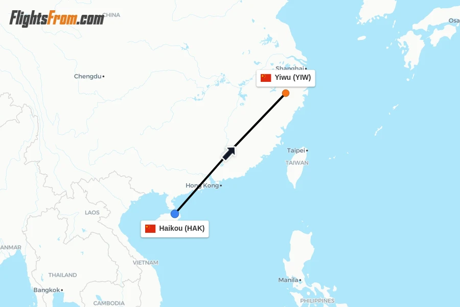 Flights from Haikou to Yiwu route map