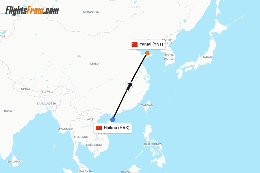 Flights from Haikou to Yantai route map
