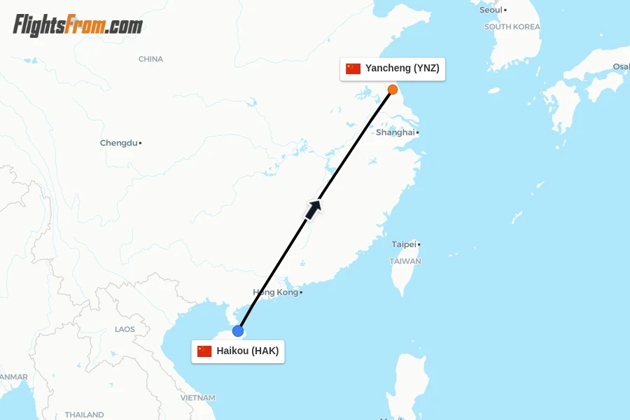 Flights from Haikou to Yancheng route map