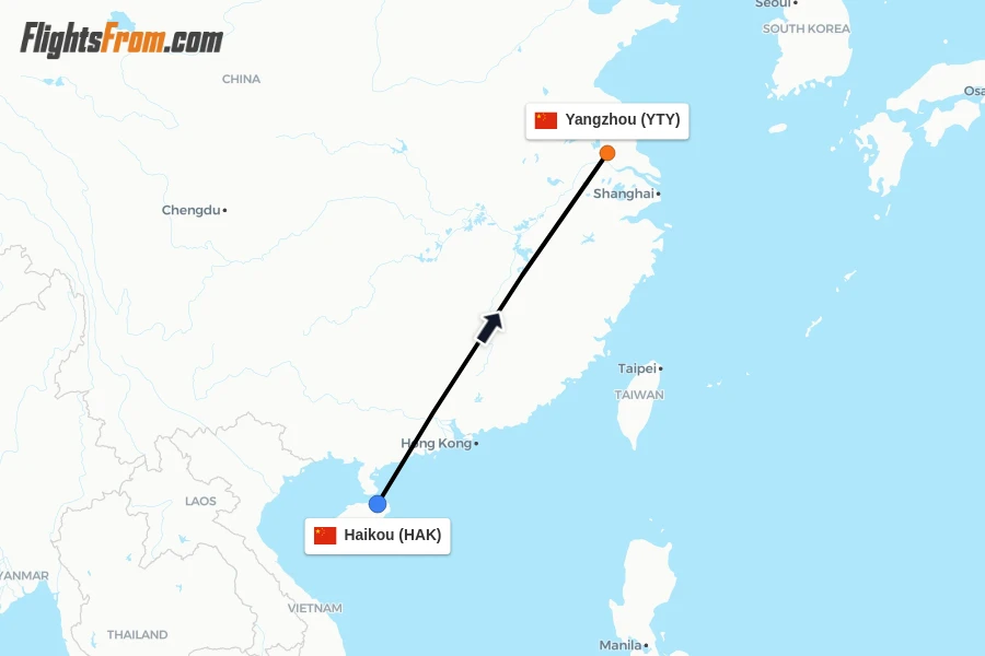 Flights from Haikou to Yangzhou route map