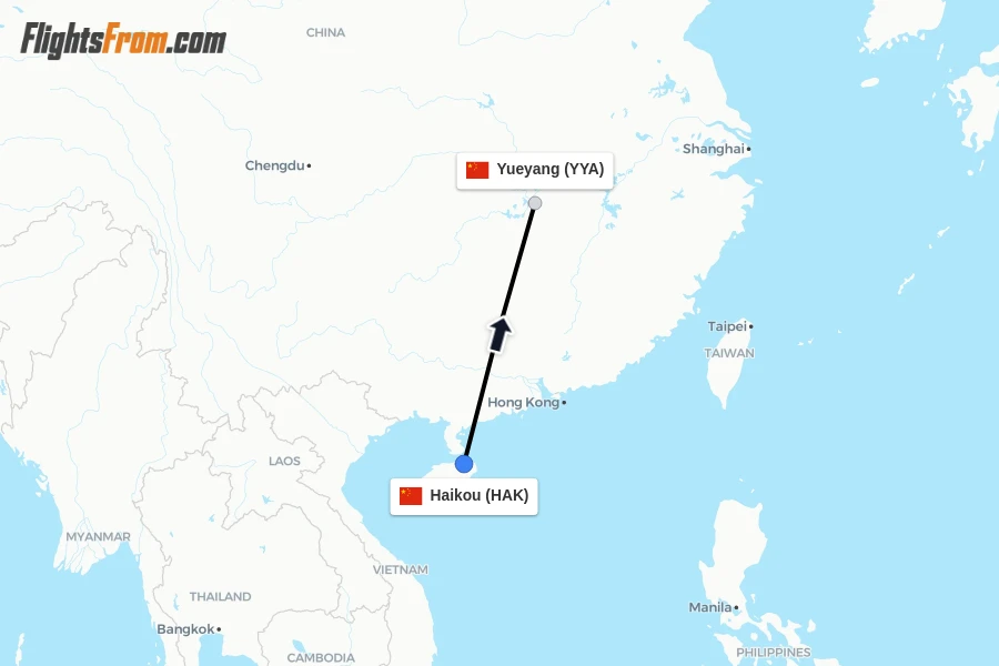Flights from Haikou to Yueyang route map