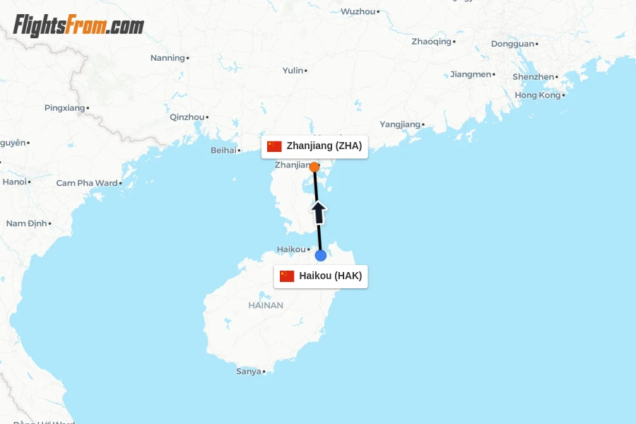 Flights from Haikou to Zhanjiang route map