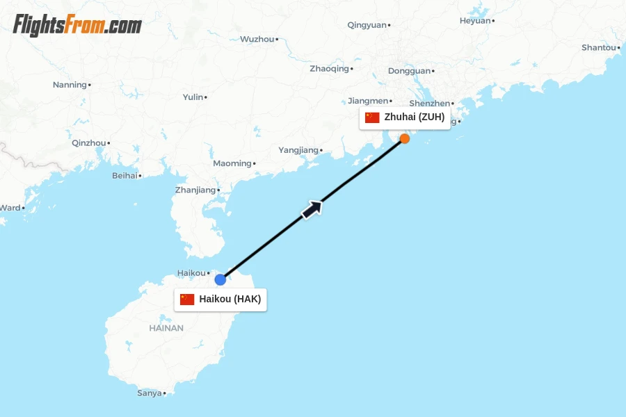 Flights from Haikou to Zhuhai route map