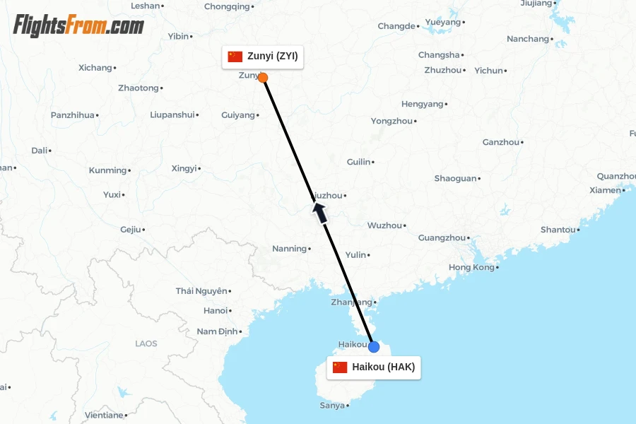 Flights from Haikou to Zunyi route map