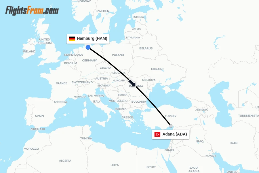 Flights from Hamburg to Adana route map