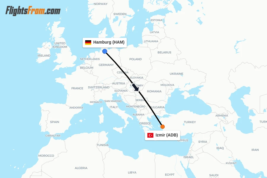 Flights from Hamburg to Izmir route map