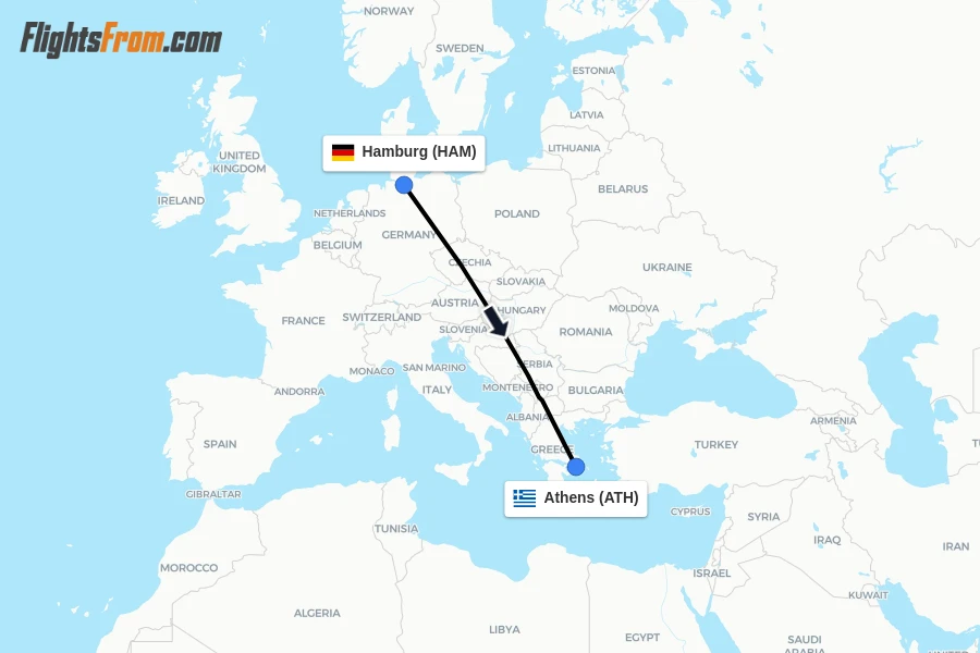 Flights from Hamburg to Athens route map