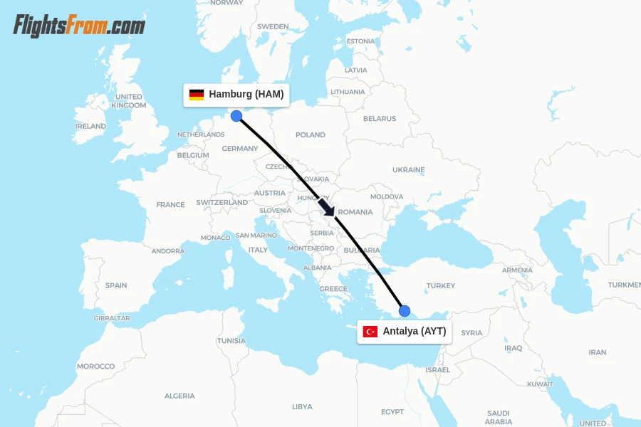 Flights from Hamburg to Antalya route map