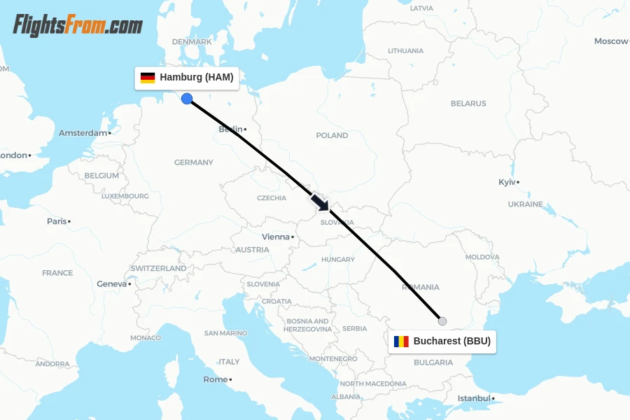 Flights from Hamburg to Bucharest route map