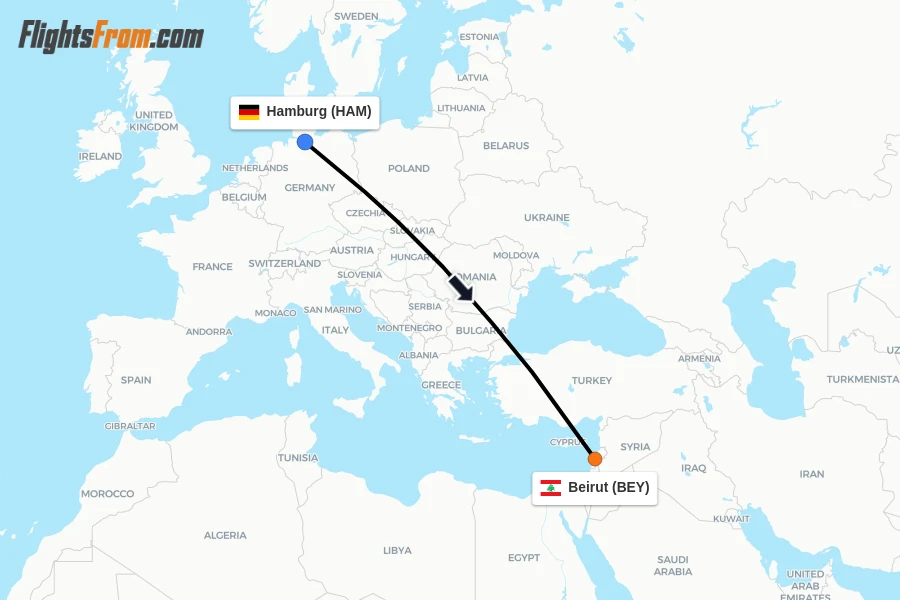 Flights from Hamburg to Beirut route map