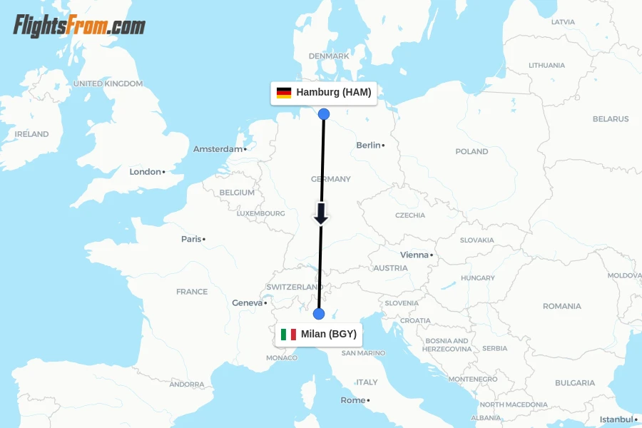 Flights from Hamburg to Milan route map
