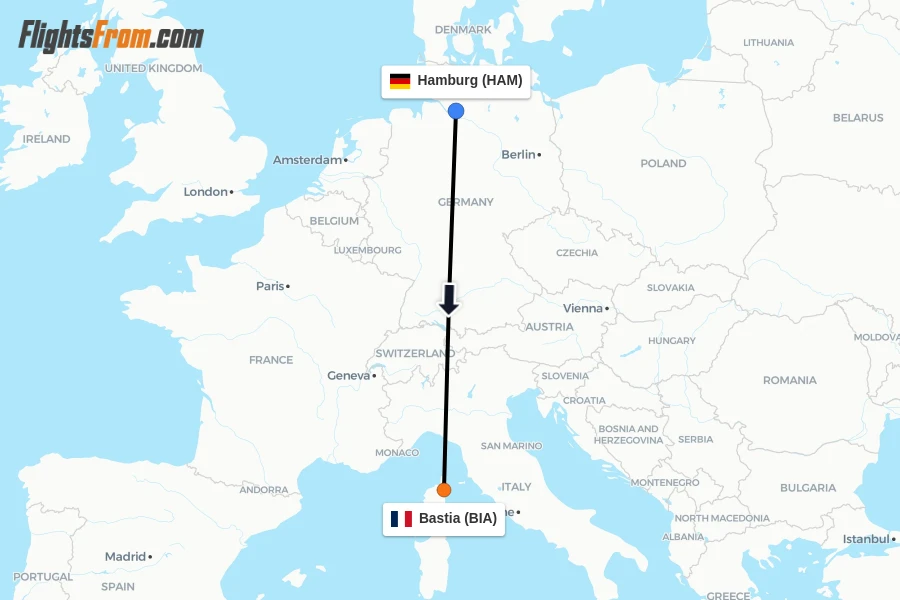 Flights from Hamburg to Bastia route map