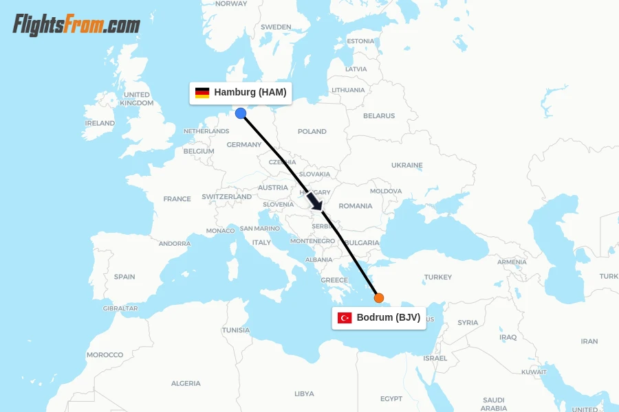 Flights from Hamburg to Bodrum route map