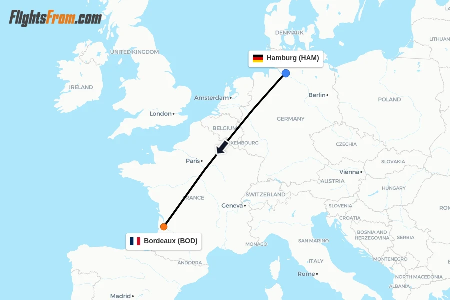 Flights from Hamburg to Bordeaux route map