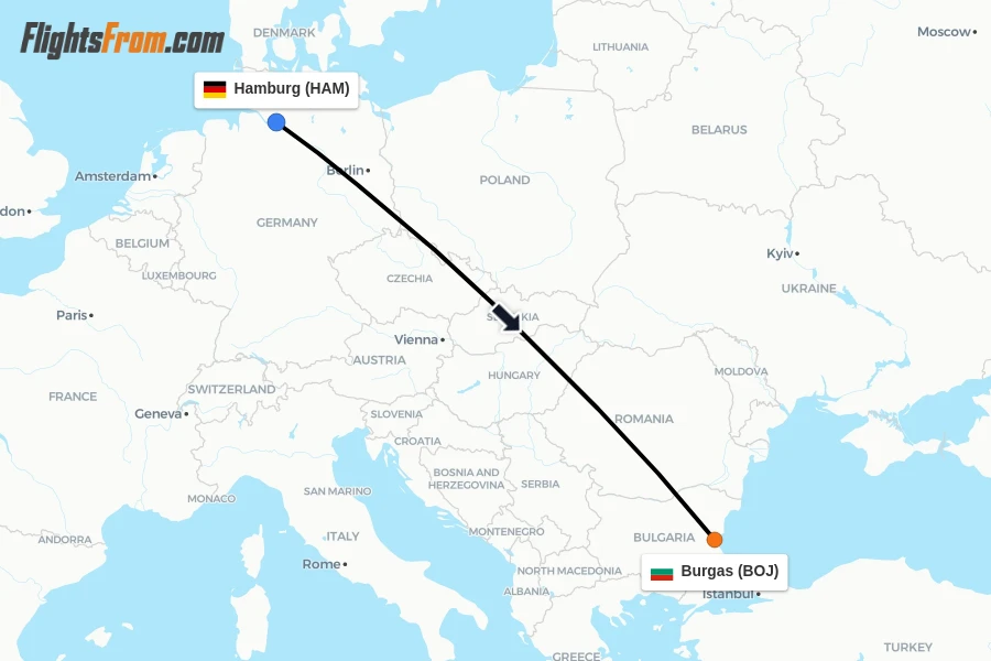 Flights from Hamburg to Burgas route map