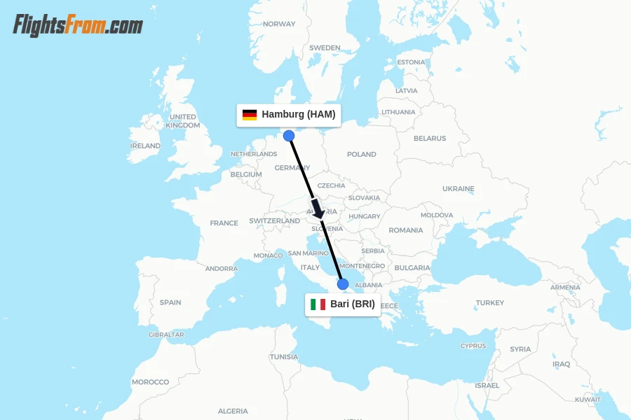 Flights from Hamburg to Bari route map