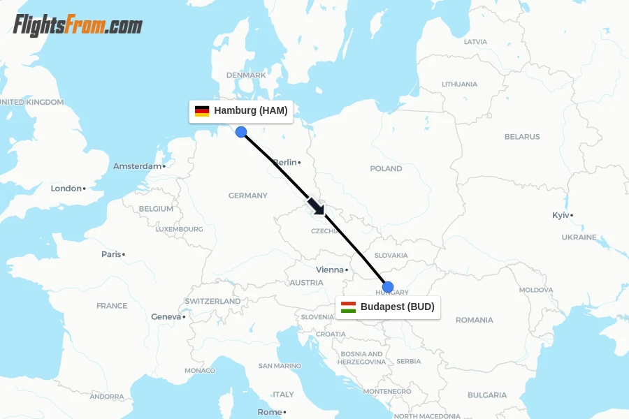 Flights from Hamburg to Budapest route map