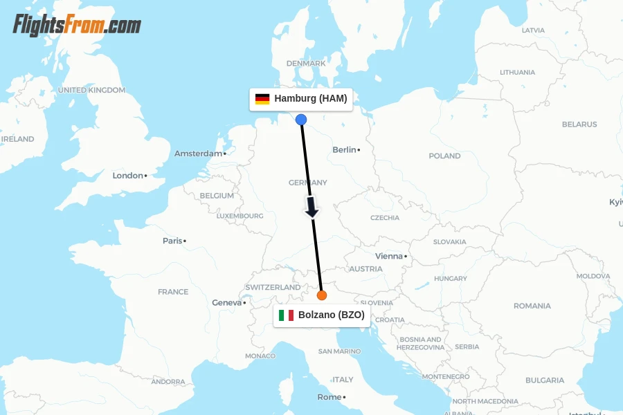 Flights from Hamburg to Bolzano route map