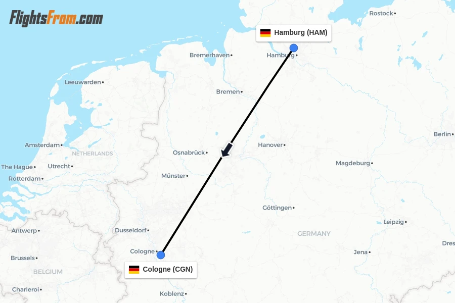 Flights from Hamburg to Cologne route map