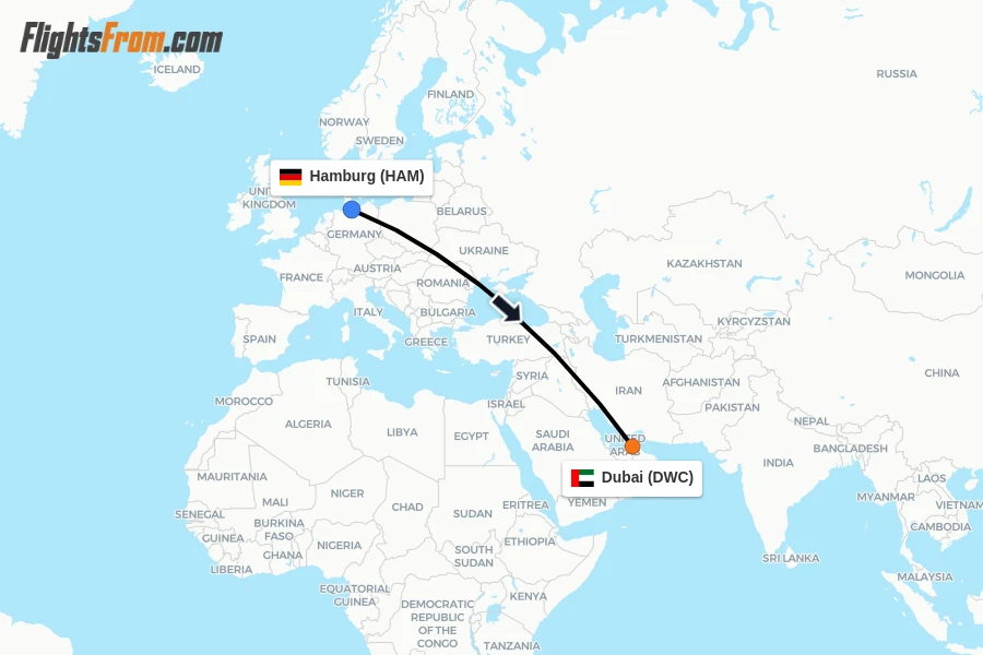 Flights from Hamburg to Dubai route map