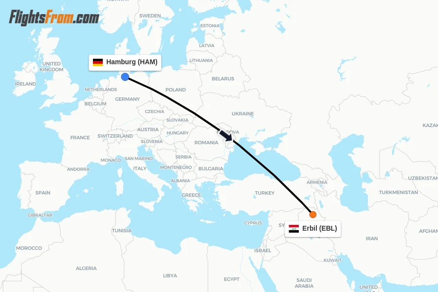 Flights from Hamburg to Erbil route map