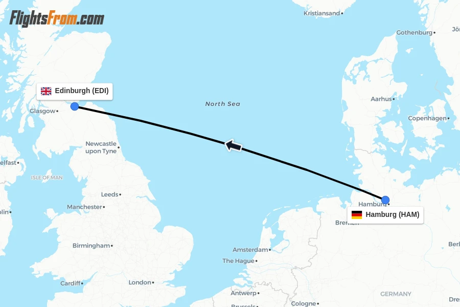 Flights from Hamburg to Edinburgh route map