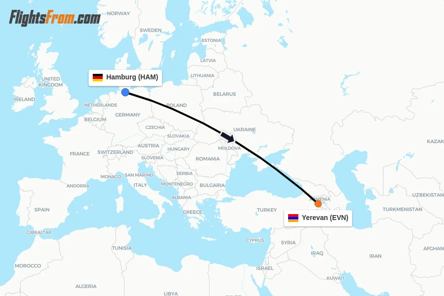 Flights from Hamburg to Yerevan route map