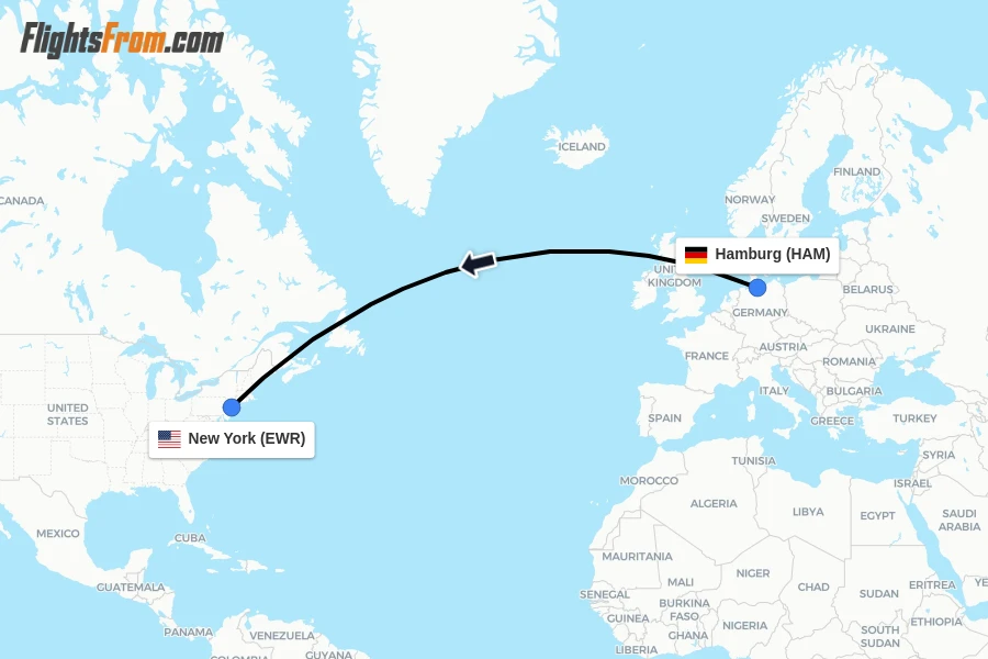 Flights from Hamburg to New York route map