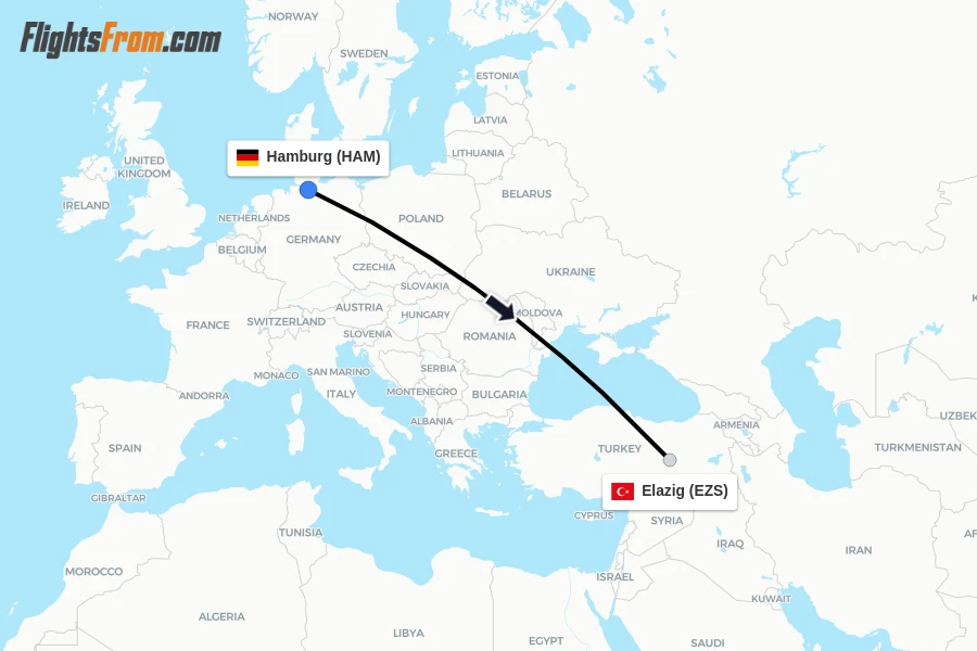 Flights from Hamburg to Elazig route map