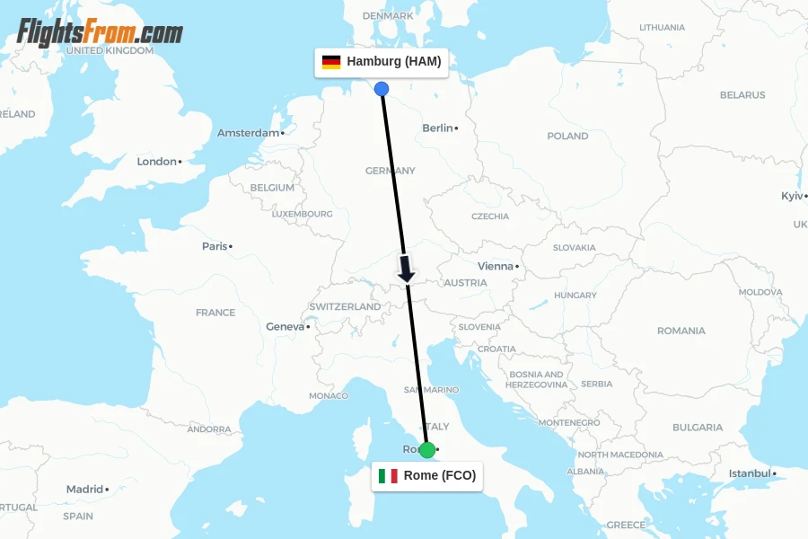 Flights from Hamburg to Rome route map