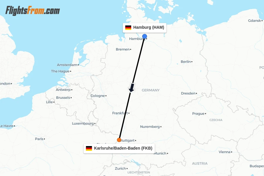 Flights from Hamburg to Karlsruhe/Baden-Baden route map