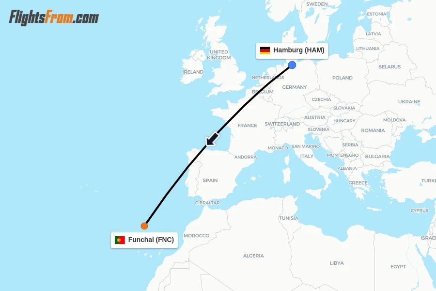 Flights from Hamburg to Funchal route map