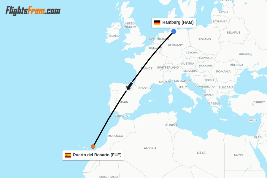 Flights from Hamburg to Puerto del Rosario route map