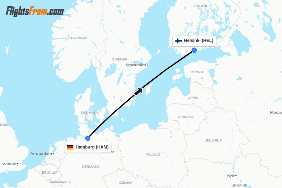 Flights from Hamburg to Helsinki route map