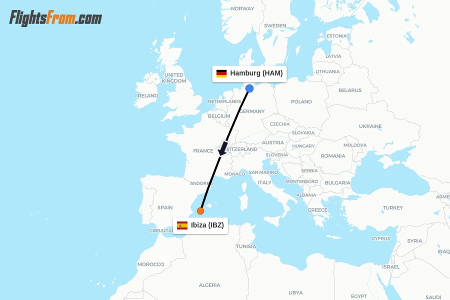 Flights from Hamburg to Ibiza route map