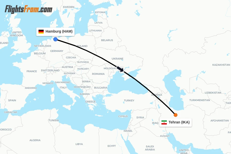 Flights from Hamburg to Tehran route map